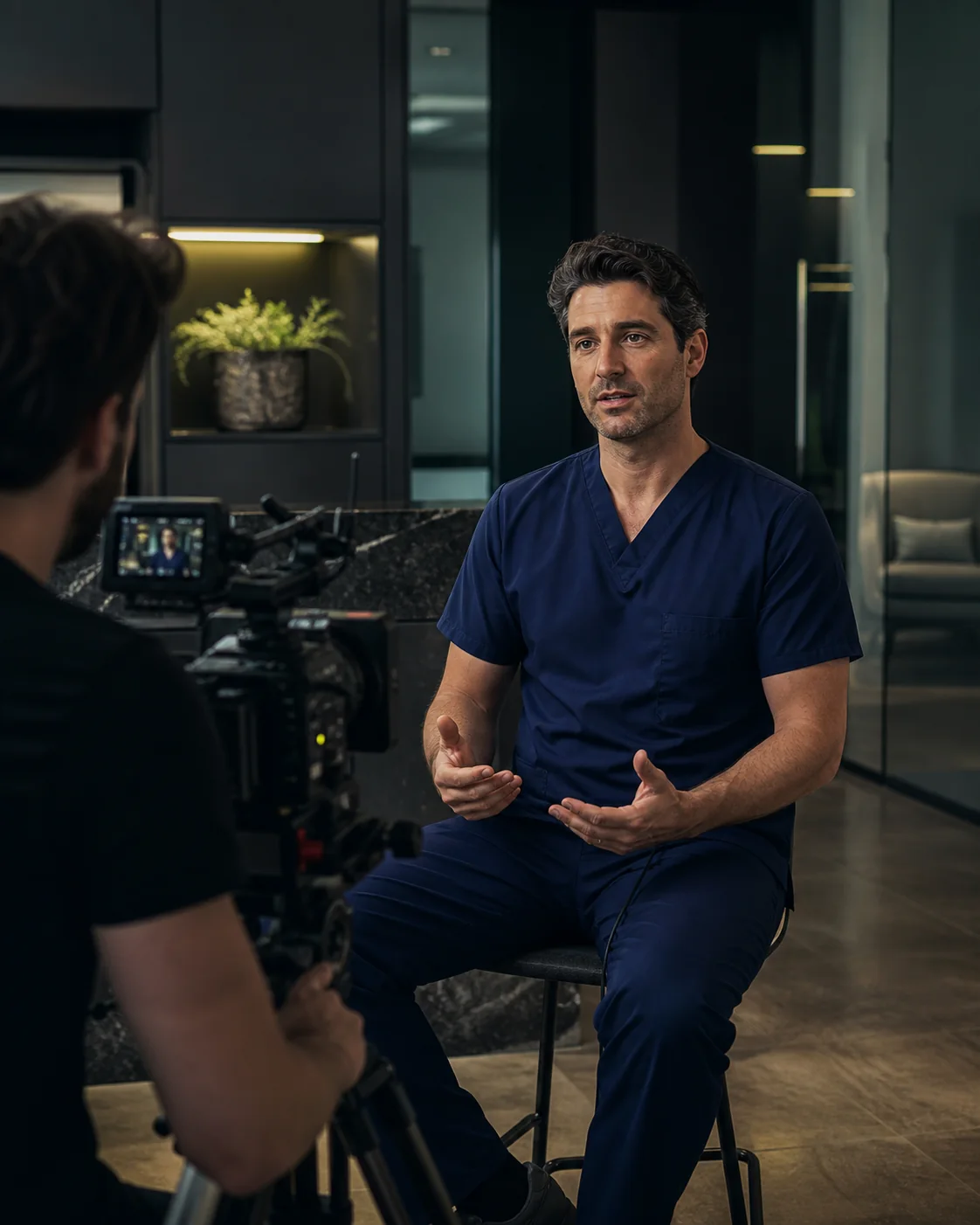 A surgeon in navy scrubs speaking during a professionally filmed campaign shoot